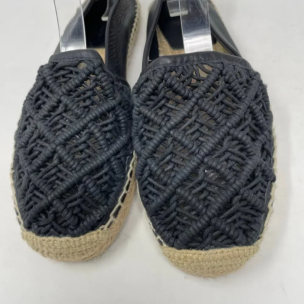Tory Burch Everly Espadrille Waxed Woven Rope Crochet Shoes Black Leather 7